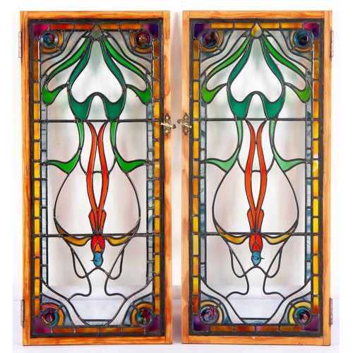 876 - A PAIR OF STAINED GLASS DOOR PANELS, 20TH CENTURY