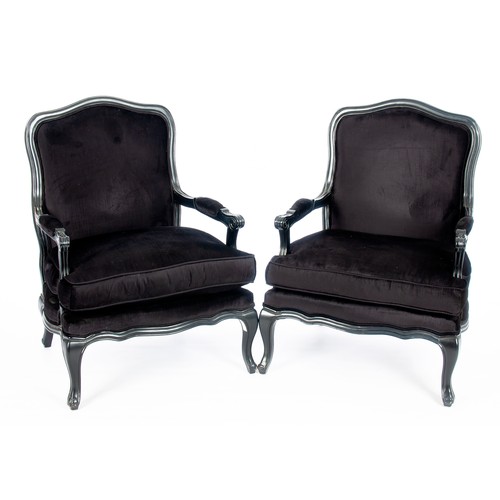 908 - A PAIR OF EBONISED ARMCHAIRS, MODERN