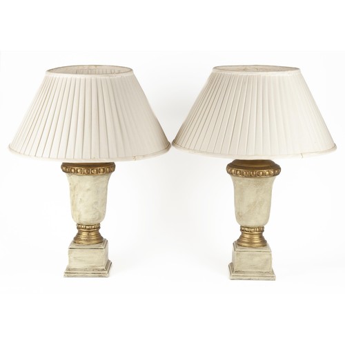 31 - A PAIR OF PAINTED WOOD VASE-SHAPED TABLE LAMPS