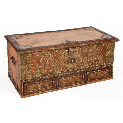 857 - A PERSIAN TEAK AND BRASS MOUNTED CHEST 