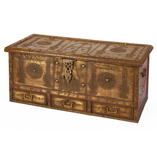 858 - A PERSIAN TEAK AND BRASS MOUNTED CHEST, 