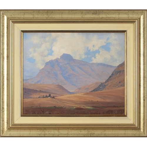 715 - Willem Hermanus Coetzer (South African 1900 - 1983) MOUNTAINOUS VALLEY WITH DISTANT SMALLHOLDING