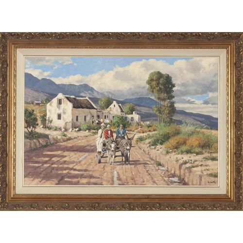 483 - Guiseppe Catty (Cattaruzza) (South African 1914 - 1994) THREE FIGURES TRAVELLING ON A DONKEY CART