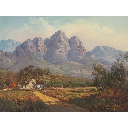 716 - Gabriel de Jongh (South African 1913 - 2004) CAPE DUTCH HOUSE UNDER MOUNTAIN