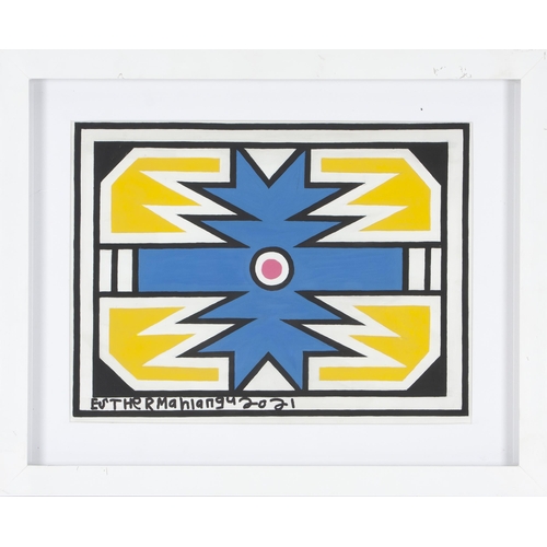 629 - Esther Mahlangu (South African 1935 - ) NDEBELE PATTERN IN YELLOW, BLUE, PINK AND WHITE