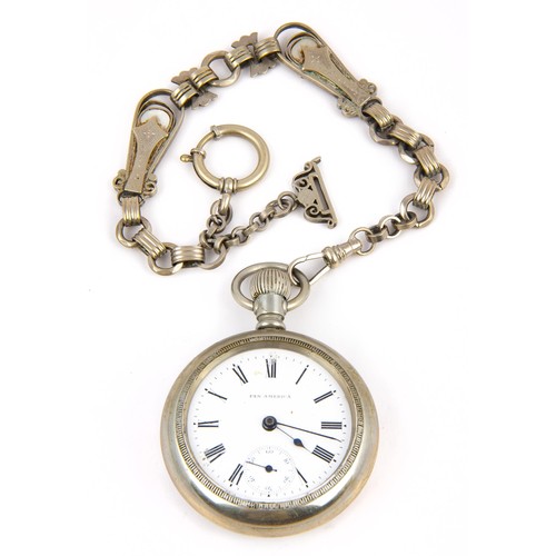 961 - A SILVER POCKET WATCH AND CHAIN, PAN AMERICA