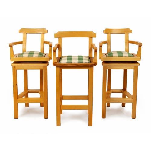 91 - A PAIR OF BEECH BAR STOOLS, MODERN