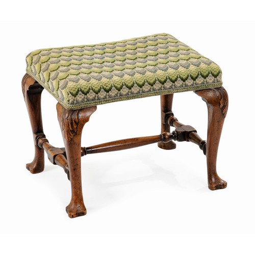 85 - A WALNUT AND UPHOLSTERED STOOL, 19TH CENTURY