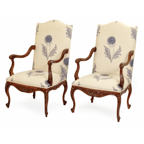 37 - A PAIR OF MAHOGANY AND UPHOLSTERED ARMCHAIRS, MODERN