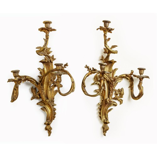 50 - A PAIR OF GILT METAL THREE LIGHT WALL SCONCES