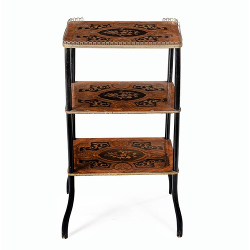 77 - AN EBONISED AND INLAID THREE TIER STAND