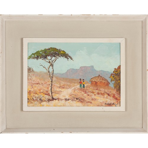 488 - Ernest Benjamin King (South African 20th Century) LANDSCAPE WITH TREE, FIGURES AND HUT