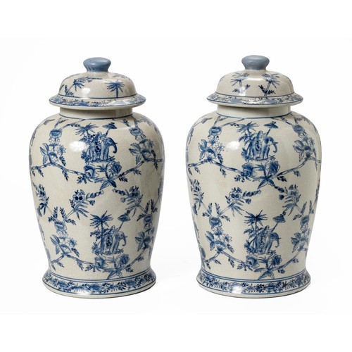 133 - A PAIR OF ORIENTAL BLUE AND WHITE JARS AND COVERS, CONTEMPORARY