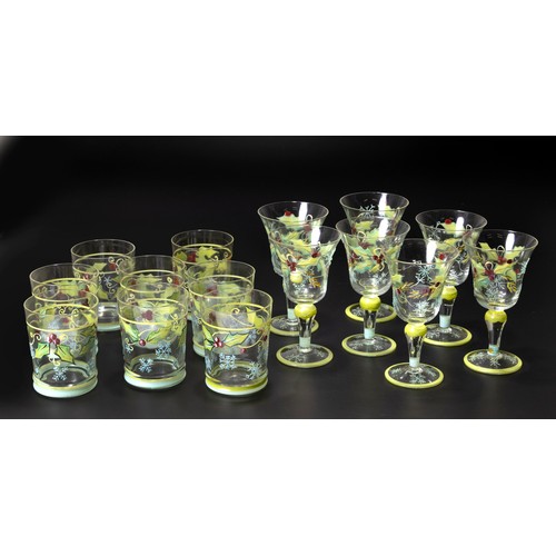 147 - A SET OF GLASS WARE HAND PAINTED WITH HOLLY MOTIF