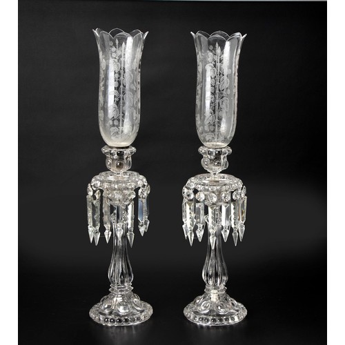 182 - A PAIR OF TALL VICTORIAN GLASS MANTLE LUSTRES