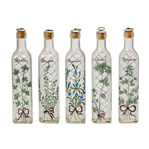 195 - A SET OF FIVE GLASS OIL AND VINEGAR BOTTLES