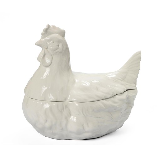 196 - A WHITE DISH AND COVER IN THE FORM OF A ROOSTER