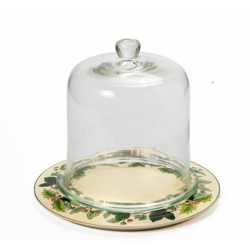 203 - A CLEAR GLASS CLOCHE WITH A SPODE 'HOLLY' CAKE PLATE