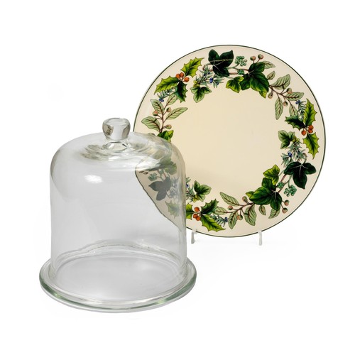 203 - A CLEAR GLASS CLOCHE WITH A SPODE 'HOLLY' CAKE PLATE