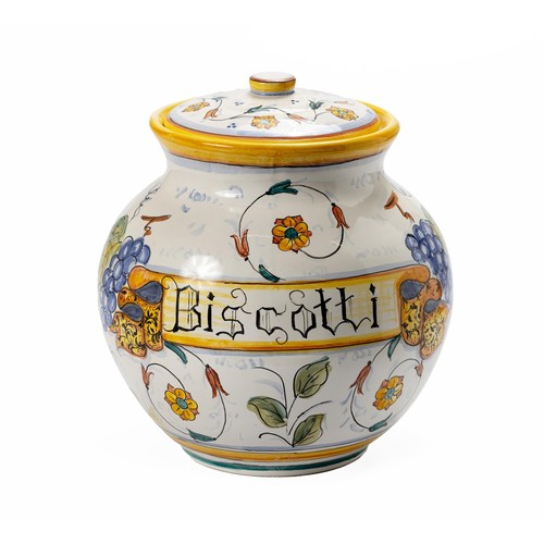 221 - AN ITALIAN MAJOLICA 'BISCOTTI' JAR AND COVER