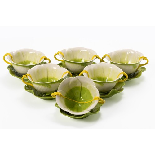 230 - A SET OF SIX MOONSHINE AND MUSTARDSEED SOUP CUPS AND SAUCERS