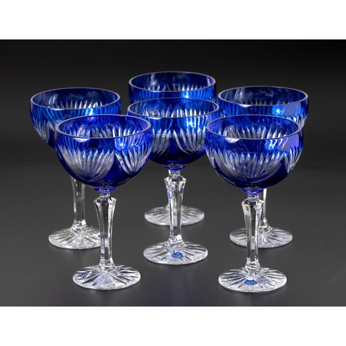 259 - A SET OF SIX COBALT BLUE CUT TO CLEAR CRYSTAL WINE GOBLETS