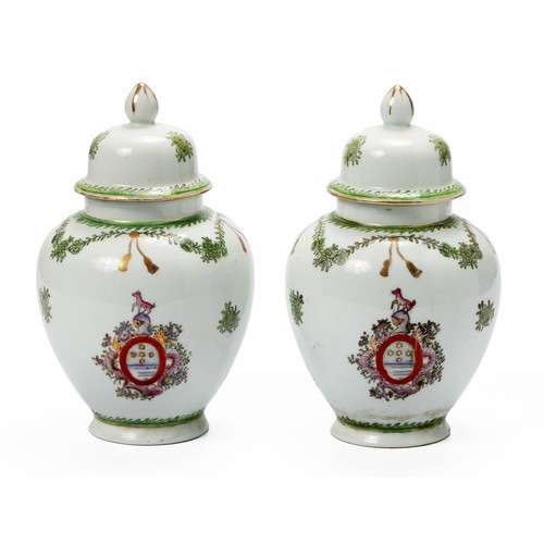 260 - A PAIR OF ARMORIAL JARS AND COVERS, MODERN