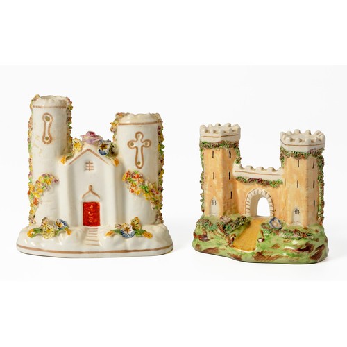 345 - TWO VICTORIAN STAFFORDSHIRE SPILLVASES IN THE FORM OF A CHURCH AND A CASTLE