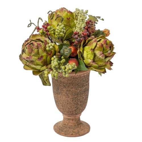 367 - A SMALL TERRACOTTA PEDESTAL TABLE VASE WITH AN ARRANGEMENT OF FAUX FRUIT AND VEGETABLES