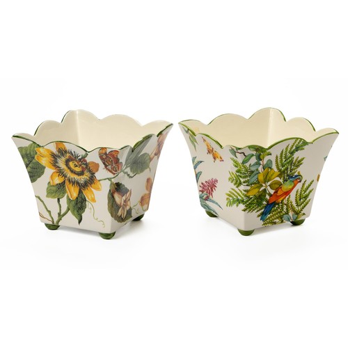 380 - A PAIR OF PORCELAIN POT-PLANT HOLDERS WITH SCALLOPED RIM