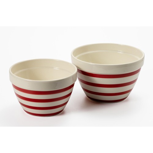 384 - TWO CERAMIC BAKING BOWLS WITH RED STRIPES