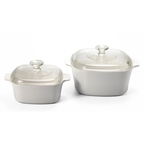 386 - A PAIR OF SQUARE WHITE OVEN-PROOF DISHES AND COVERS