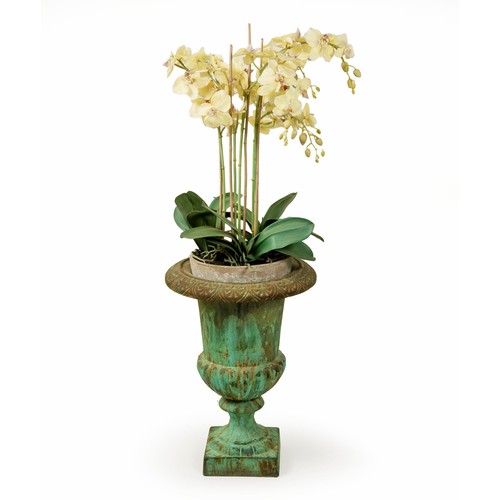 394 - AN IMITATION CAST-IRON PLANTER AND POTTED FAUX ORCHID GROUP