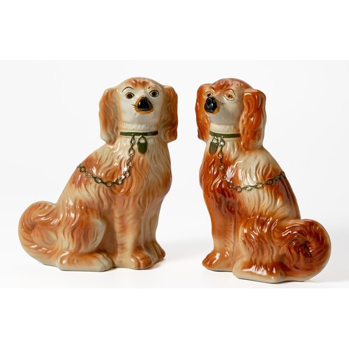 438 - A NEAR-PAIR OF VICTORIAN STAFFORDSHIRE CAVALIER KING CHARLES SPANIELS, BROWN