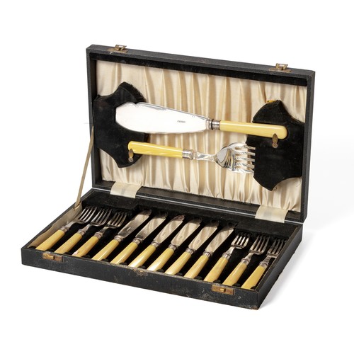 609 - A CASED SET OF ELECTROPLATE AND BONE FISH KNIVES, FORKS AND A PAIR OF SERVERS, HARRISON BROTHERS AND... 