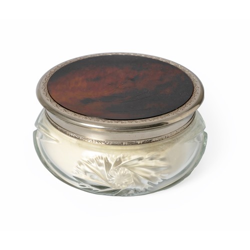 597 - A TORTOISESHELL AND SILVERPLATE TOPPED DRESSING TABLE JAR