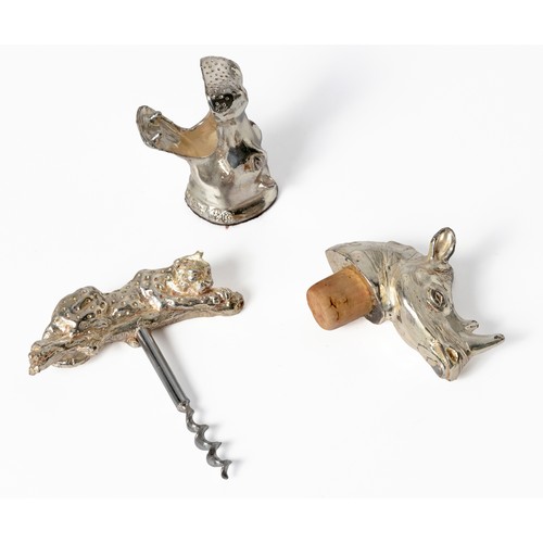 593 - A SOUTH AFRICAN AFRISILVER WINE CORKSCREW AND TWO BOTTLE STOPPERS, MAKERS MARK DG, 20TH CENTURY