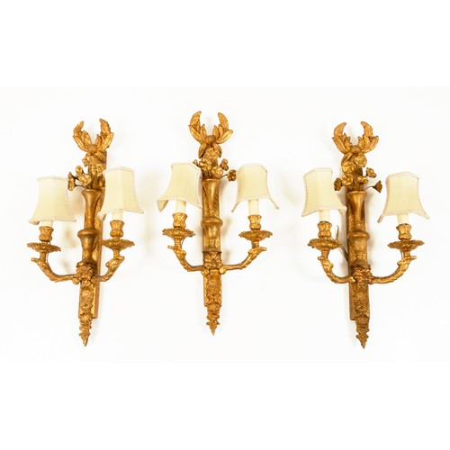 44 - THREE GILT-METAL TWO LIGHT SCONCES