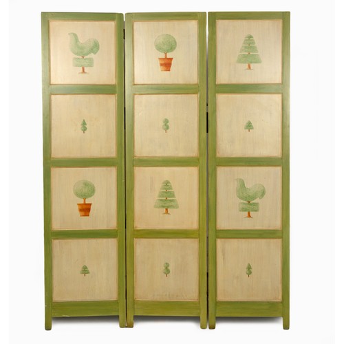 113 - A THREE PANEL PAINTED FOLDING SCREEN, MODERN