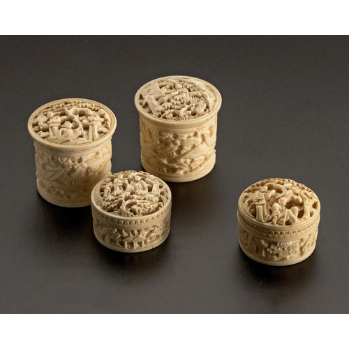 631 - A GROUP OF FOUR CHINESE MINIATURE MARINE TUSK CANTON CARVED CONTAINERS, QING DYNASTY, 19TH CENTURY