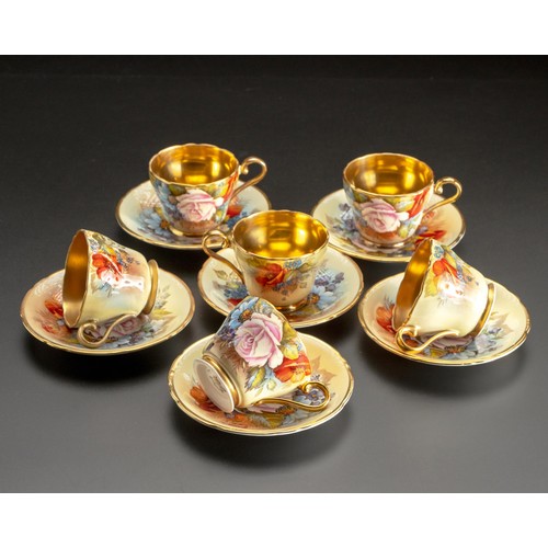 564 - A SET OF SIX AYNSLEY 'CABBAGE ROSE' DEMITASSE DUOS, PAINTED BY JA BAILEY