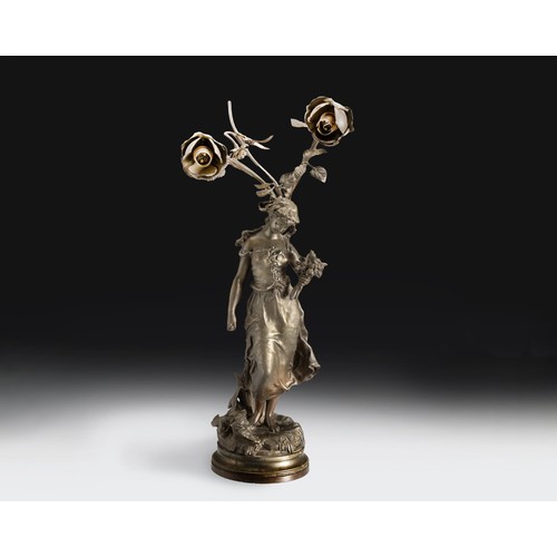 575 - A FRENCH SPELTER FIGURAL TWO-LIGHT TABLE LAMP