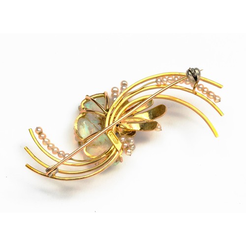 841 - A SAPPHIRE, OPAL AND SEED PEARL BROOCH