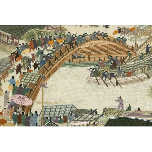 145 - JAPANESE SILK TAPESTRY OF A VILLAGE/ HARBOUR SCENE