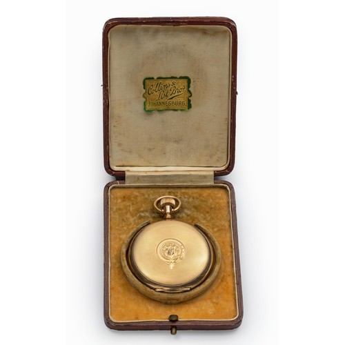 944 - A GOLD-PLATED HUNTER-CASED POCKET WATCH, ELGIN, AND A GOLD CHAIN