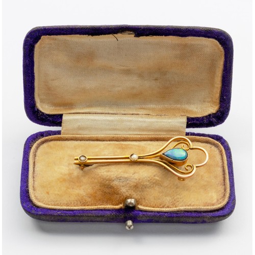 837 - A CASED OPAL DOUBLET AND SEED PEARL BROOCH