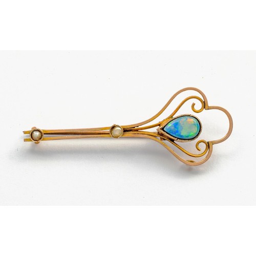 837 - A CASED OPAL DOUBLET AND SEED PEARL BROOCH