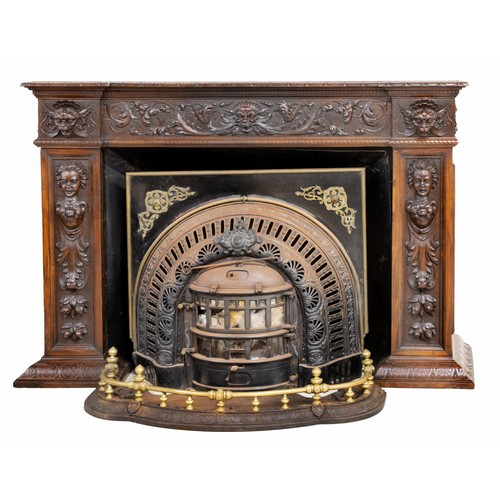 332 - A MAHOGANY MANTEL AND CAST IRON FIREPLACE, 19TH CENTURY