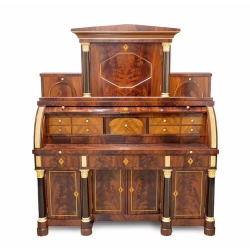 334 - A FLAME MAHOGANY CYLINDER BUREAU, MODERN