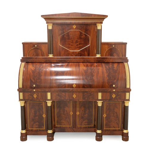 334 - A FLAME MAHOGANY CYLINDER BUREAU, MODERN